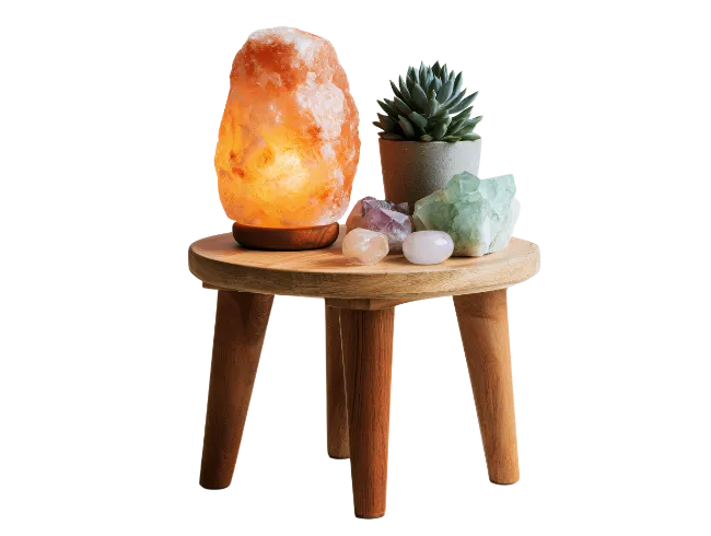 Himalayan Salt Lamp With Crystals And Succulent On Wooden Stool