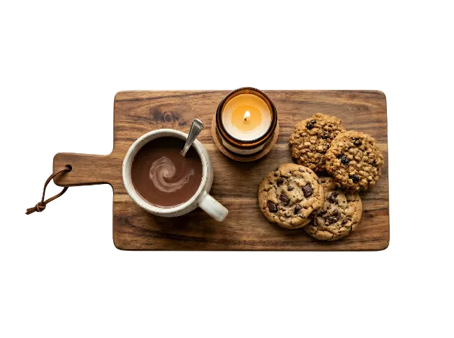 Hot Chocolate and Cookies on Wooden Board