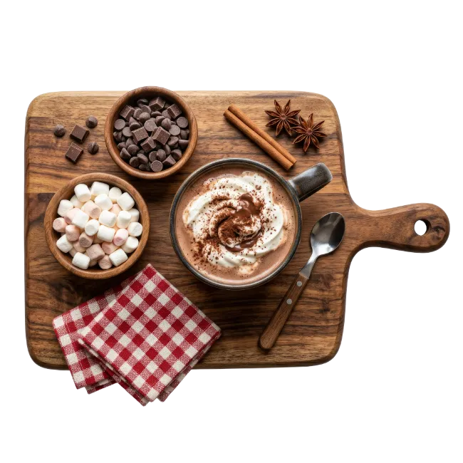 Hot chocolate mug with marshmallows and chocolate chips