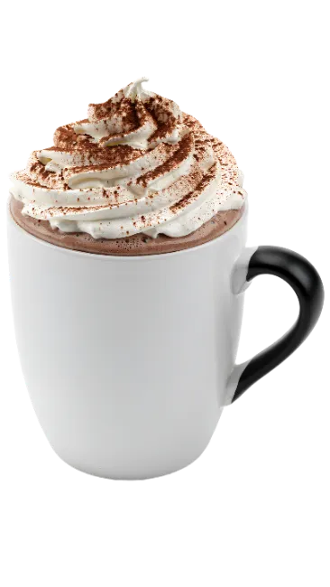 Hot chocolate mug with whipped cream and cocoa powder