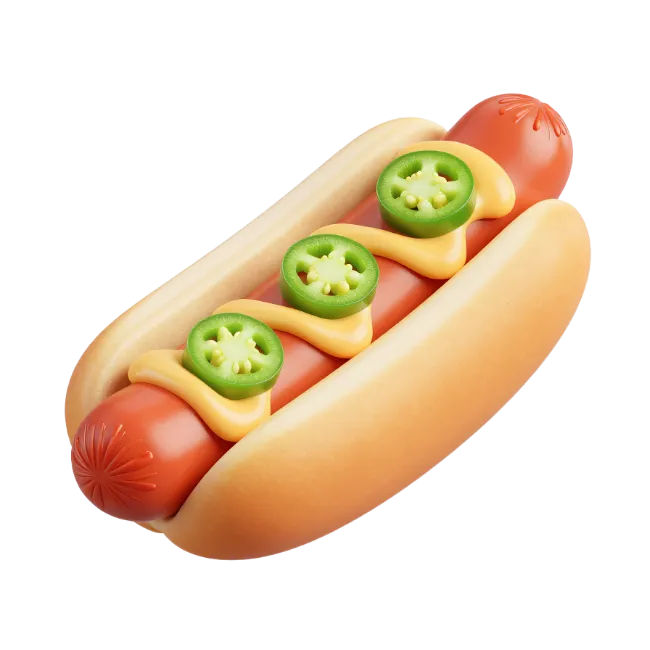 Hot dog with mustard and jalapeno slices