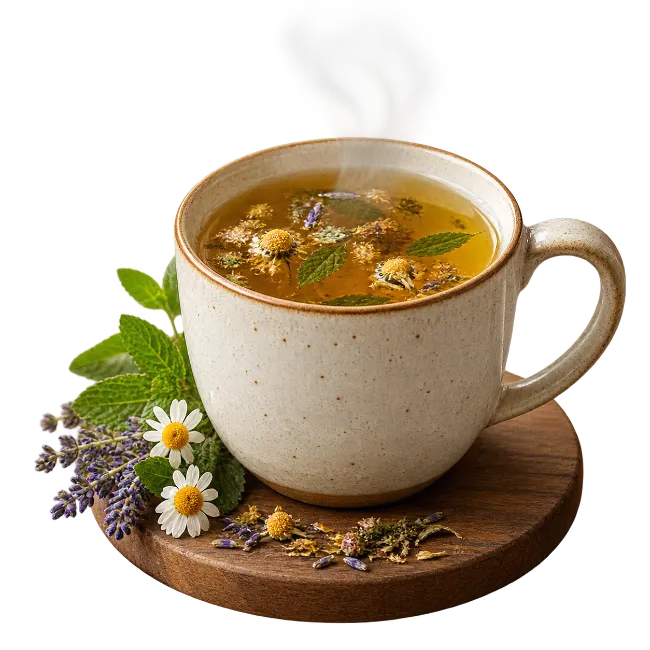 Hot Herbal Tea with Chamomile and Mint in Ceramic Cup