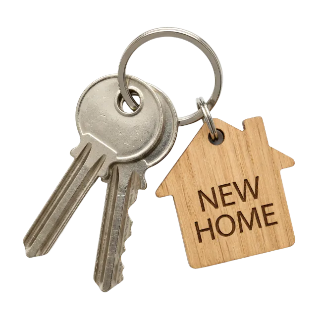 House shaped wooden keychain with metal keys