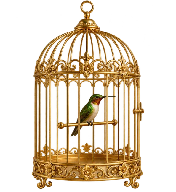 Hummingbird Inside Ornate Golden Birdcage