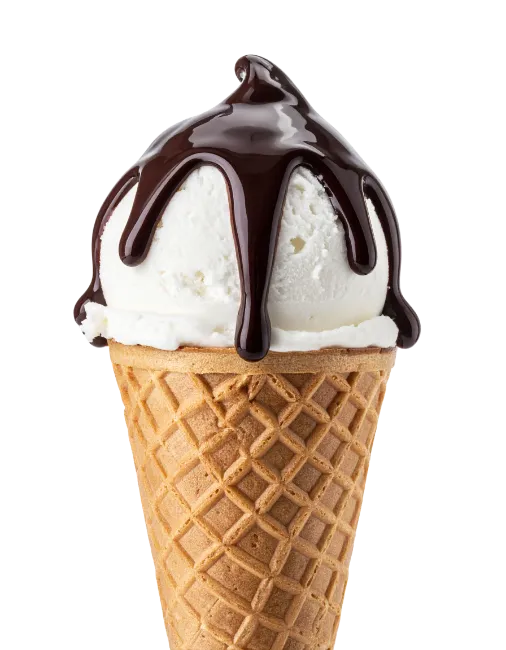 Ice cream cone with chocolate syrup topping