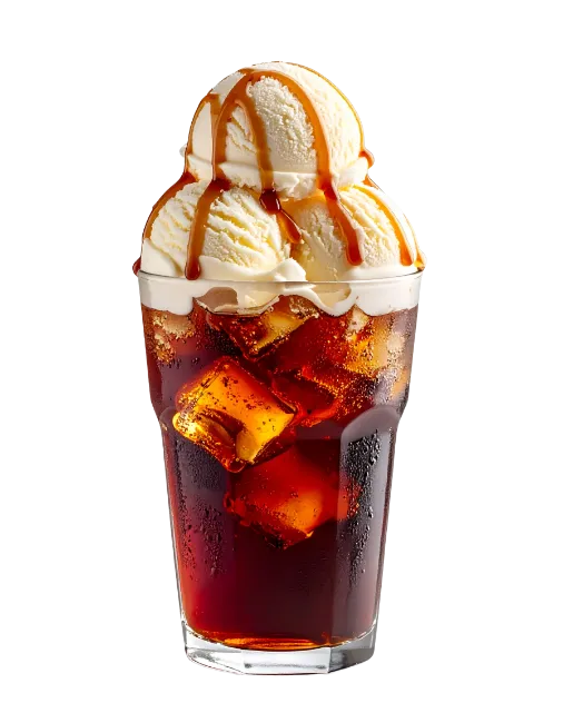 Ice cream float with caramel syrup in glass