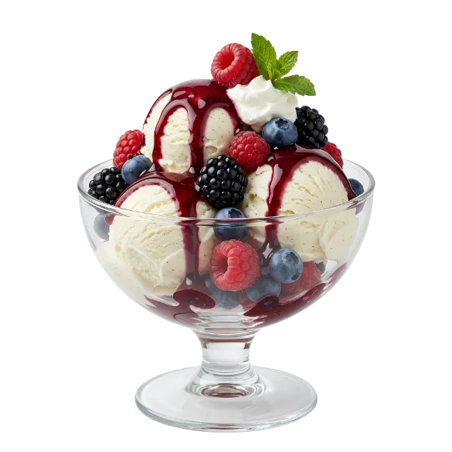 Ice Cream Sundae with Berries in Glass Bowl