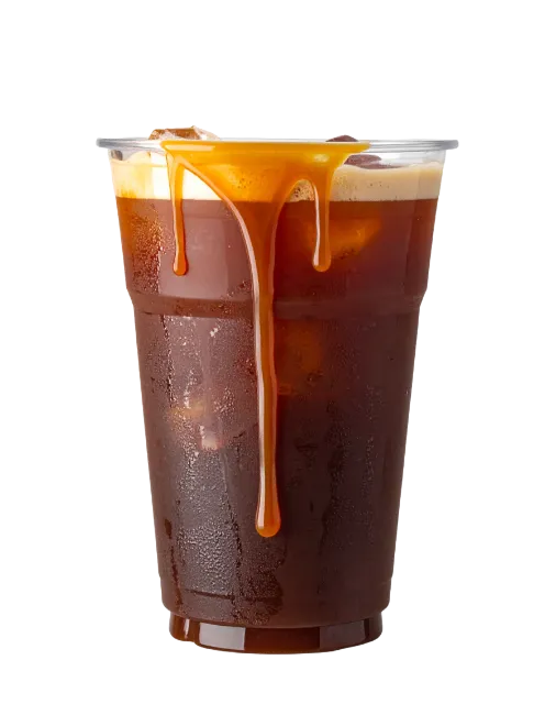 Iced Coffee with Caramel Drizzle in Plastic Cup