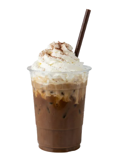 Iced coffee with whipped cream in plastic cup