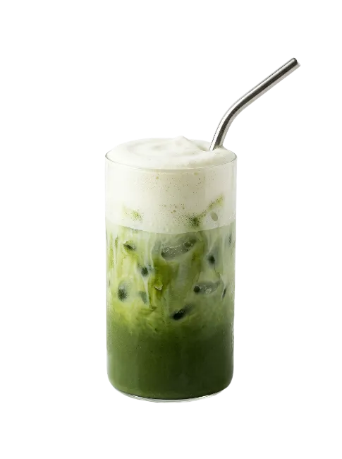 Iced Matcha Latte with Foam and Metal Straw