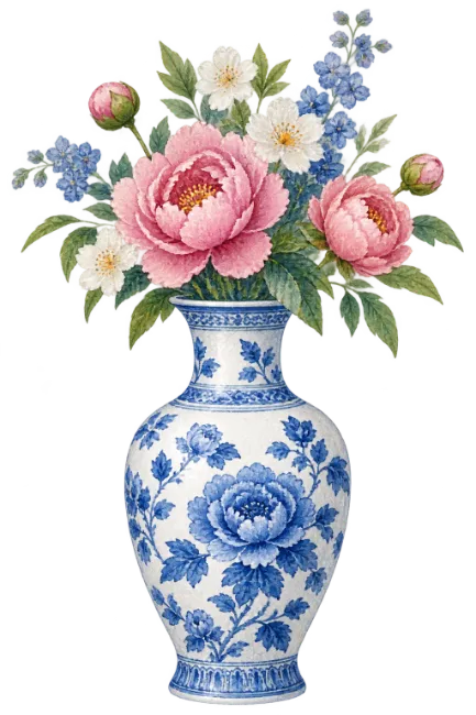 Illustration of floral bouquet in blue and white vase