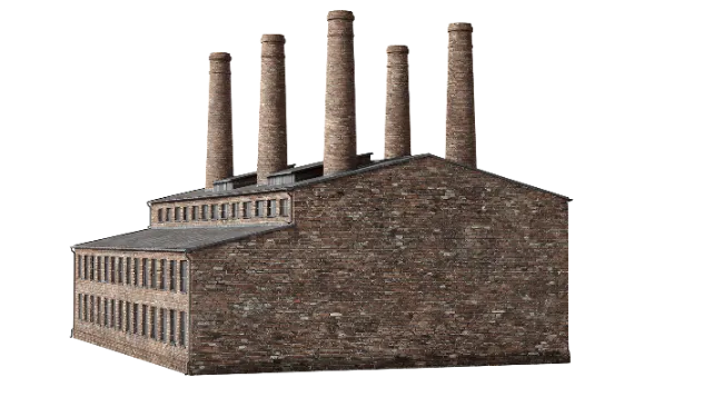 Industrial Brick Factory Building with Chimneys