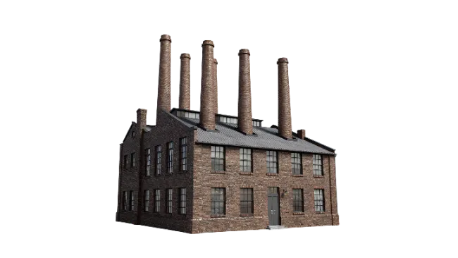 Industrial Brick Factory Building with Tall Chimneys