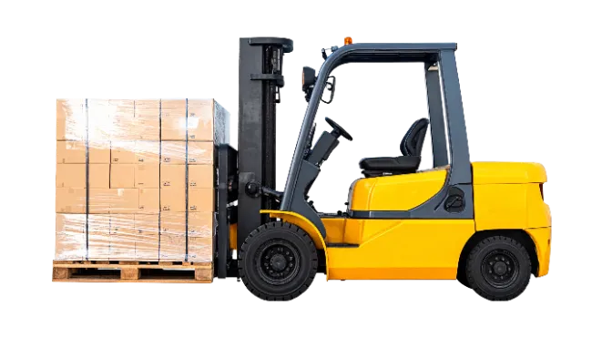 Industrial Forklift Carrying Wrapped Cargo Pallet