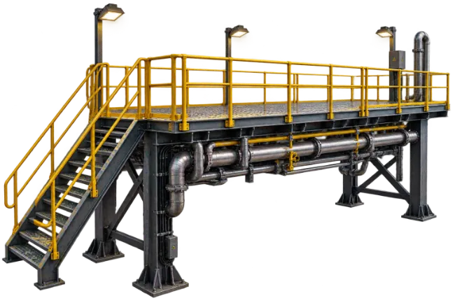 Industrial Metal Catwalk Platform with Stairs and Pipes