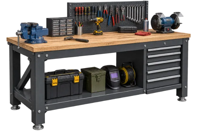 Industrial Workshop Workbench with Tools and Storage Drawers