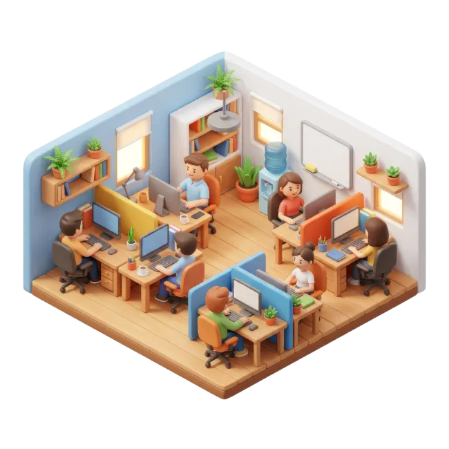 Isometric 3D Office Interior with Working Employees