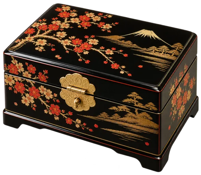 Japanese Black Lacquer Jewelry Box with Cherry Blossoms