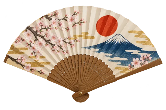 Japanese Folding Fan with Mount Fuji and Cherry Blossoms