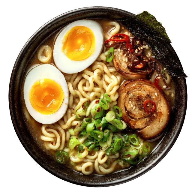 Japanese Ramen Bowl with Soft Boiled Eggs and Chashu Pork