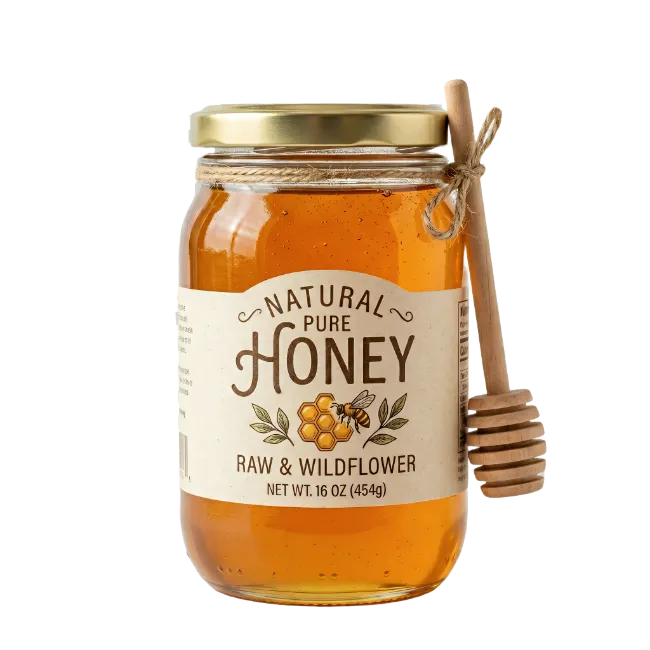 Jar of Natural Honey with Wooden Dipper