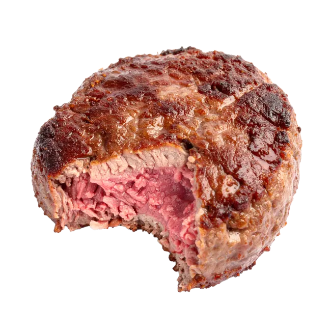 Juicy grilled beef burger patty with a bite