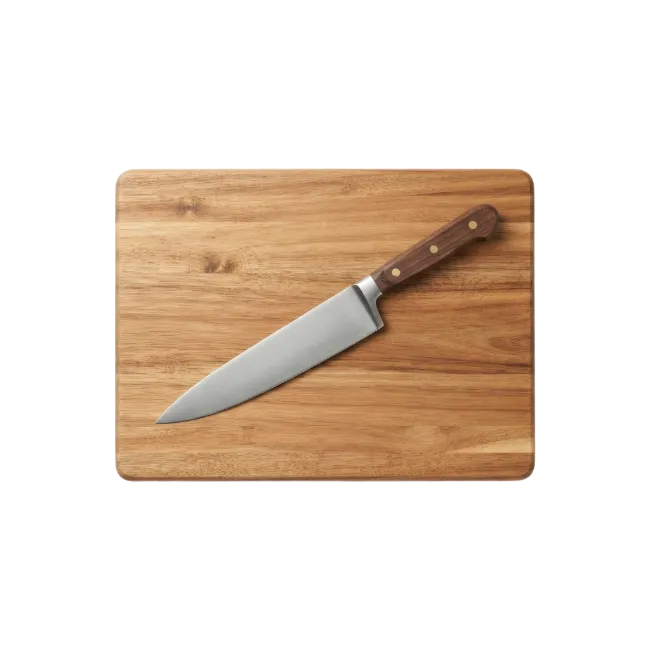Kitchen knife on wooden cutting board