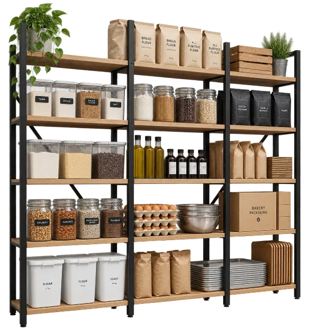 Kitchen pantry shelving unit with organized supplies