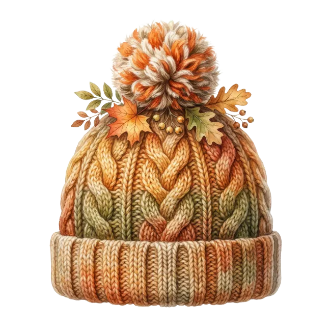 Knitted Winter Beanie with Autumn Leaf Decor