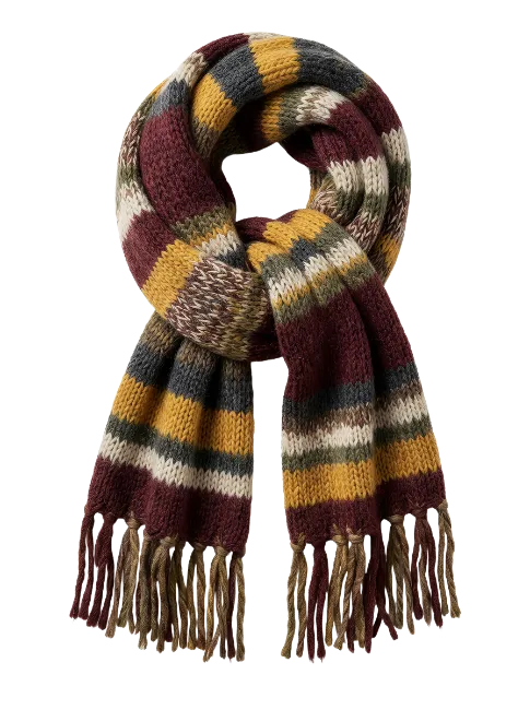 Knitted Winter Striped Scarf with Fringes