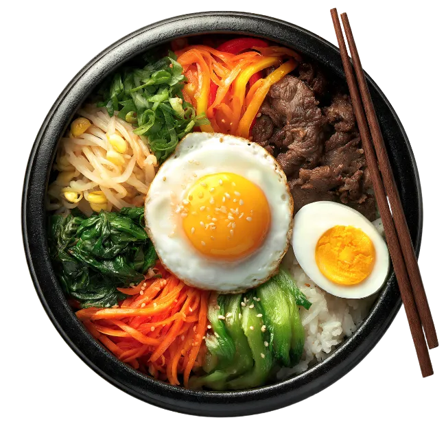 Korean Bibimbap Bowl with Fried Egg and Beef