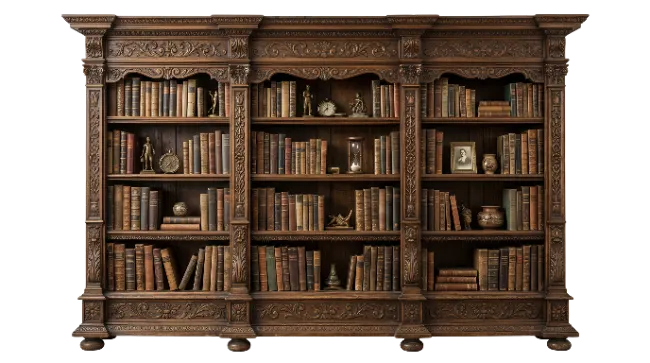 Large Antique Wooden Bookshelf Filled With Vintage Books