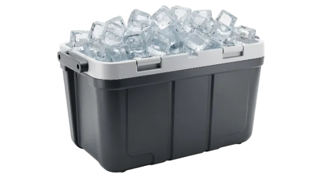 Large grey cooler filled with ice cubes