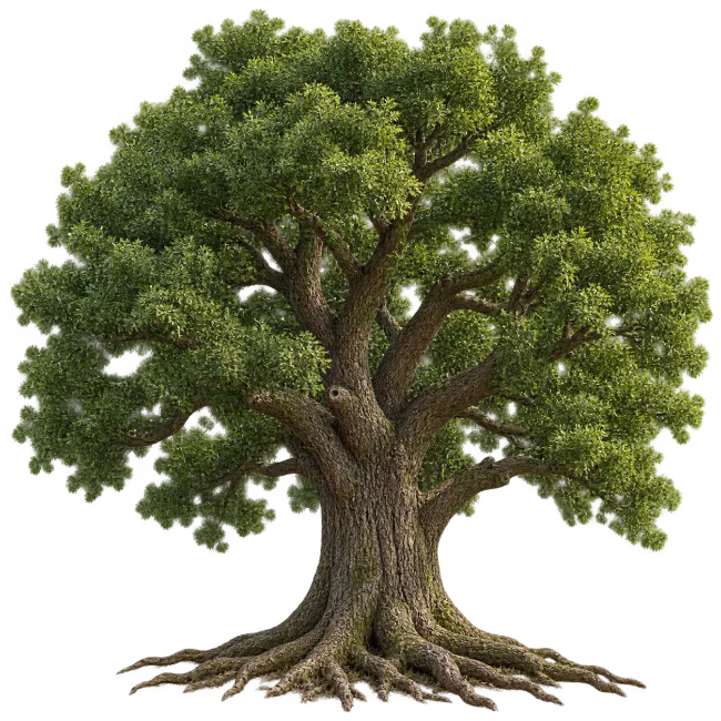 Large Mature Oak Tree with Spreading Roots and Green Foliage