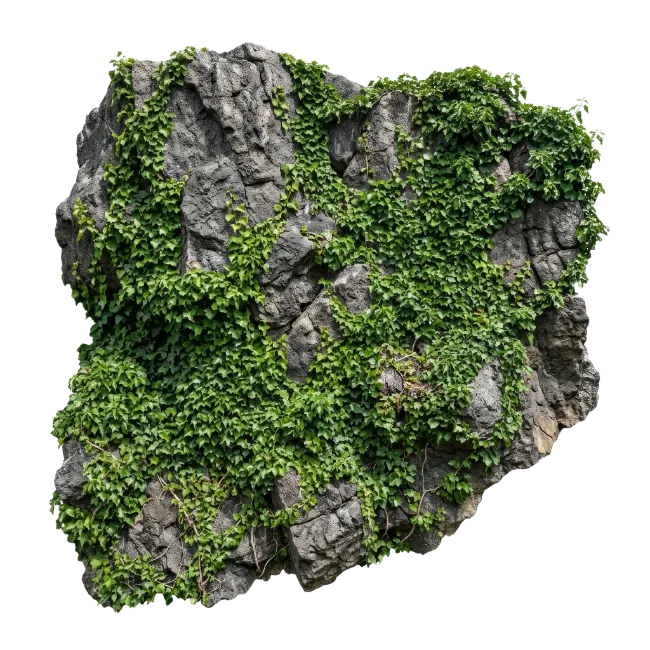 Large mossy rock covered with green ivy