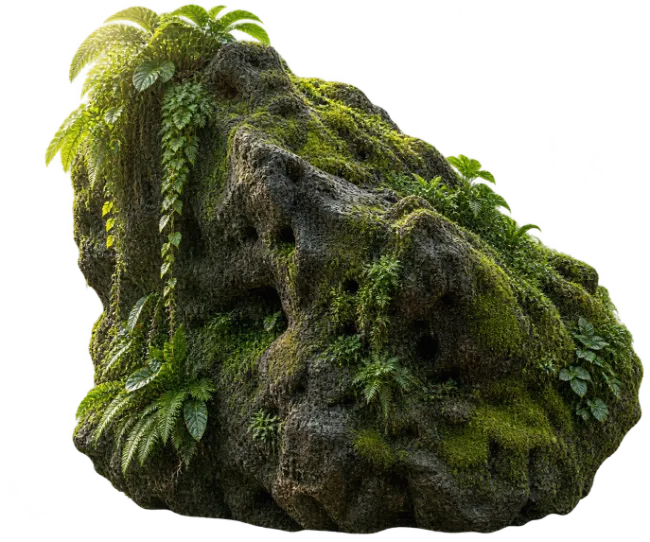 Large Mossy Rock with Ferns and Climbing Plants