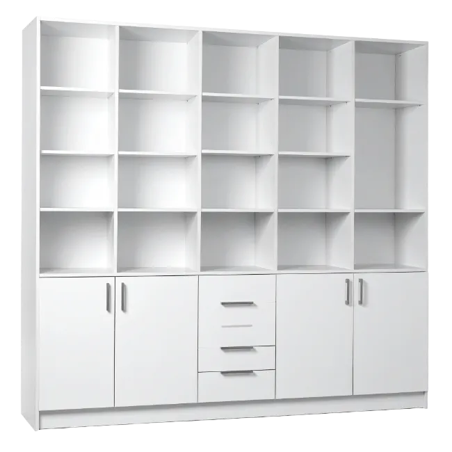 Large White Wooden Bookcase with Storage Cabinets and Drawers