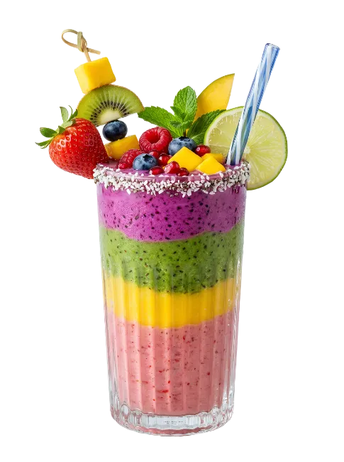 Layered Fruit Smoothie Glass with Fresh Tropical Garnish