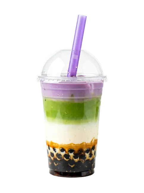 Layered Taro and Matcha Bubble Tea in Plastic Cup