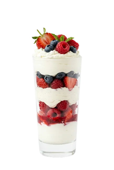 Layers of yogurt parfait with mixed berries in glass