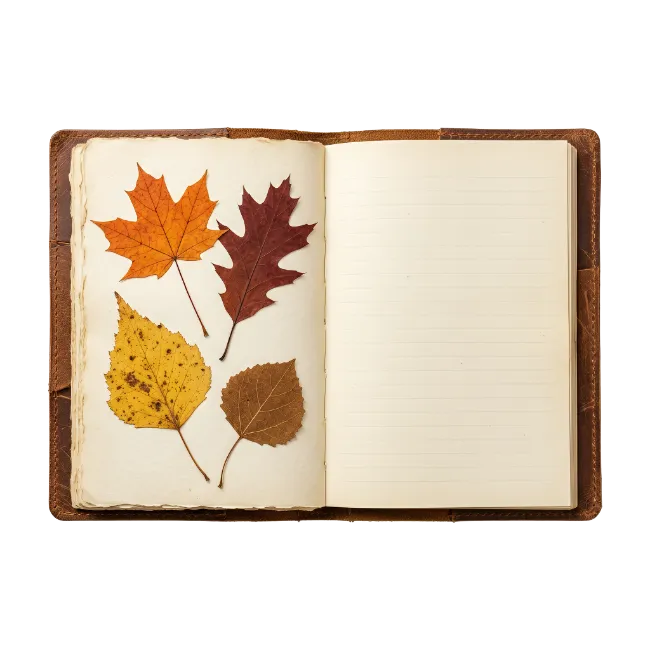 Leather journal with pressed autumn leaves