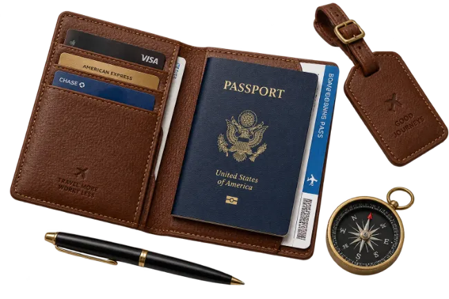 Leather Travel Wallet with Passport and Compass