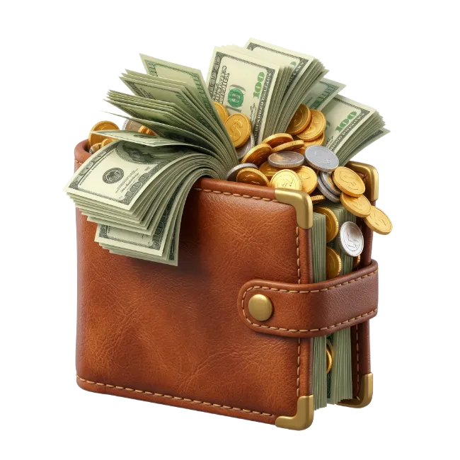 Leather Wallet Overflowing With Cash And Coins