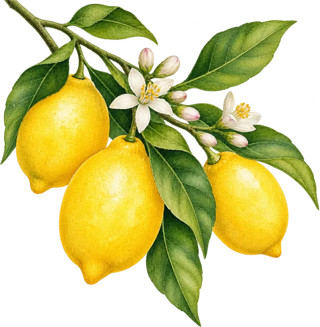 Lemon Branch with Yellow Lemons and White Blossoms