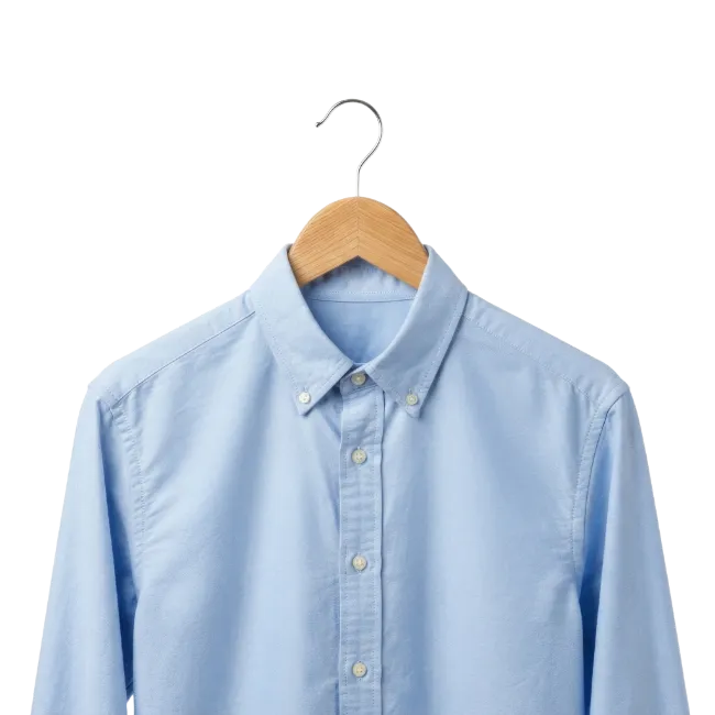 Light Blue Button Down Shirt on Wooden Hanger