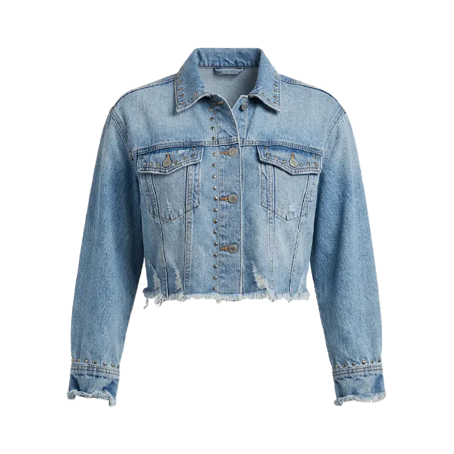 Light Blue Cropped Denim Jacket with Studs
