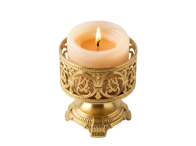 Lit Candle in Ornate Gold Holder