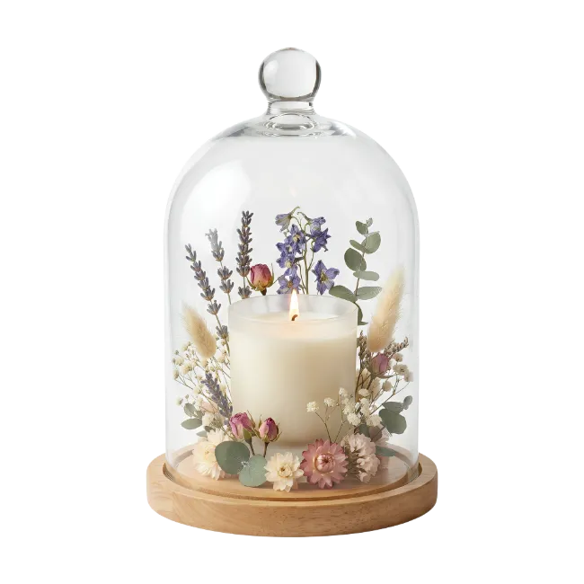 Lit Candle Under Glass Cloche with Dried Flowers