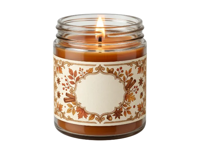 Lit scented candle in a glass jar with autumn label