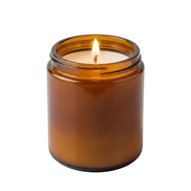 Lit Scented Candle in Brown Glass Jar